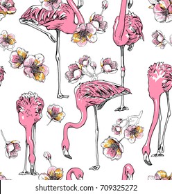 Seamless pattern with image of a pink Flamingo and a Cherry flowers. Vector illustration.