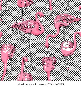 Seamless pattern with image of a pink Flamingo on a geometric background. Vector illustration.