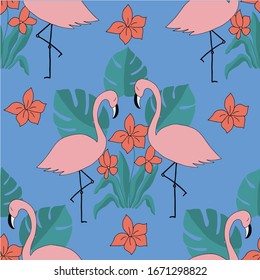 Seamless pattern with the image of pink flamingos, red flowers and leaves on a blue background. For the design of wallpapers, textiles, phone covers, notebooks, prints on t-shirts, curtains.