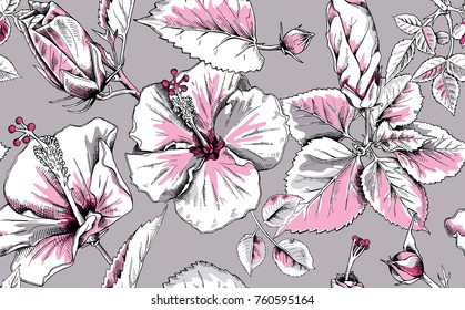 Seamless pattern with image of a pink Hibiscus flowers and leaves on a gray background. Vector illustration.