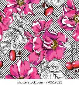 Seamless pattern with image of a pink Rosa Canina Flowers, berry and leaves on a geometric background. Vector illustration.