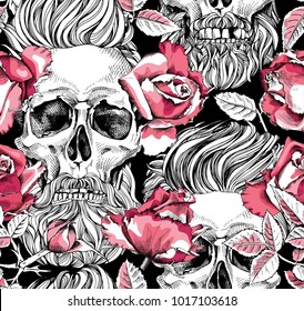 Seamless pattern with image of a pink Rose flowers and skull with a hipster hair and beard on a black background. Vector illustration.