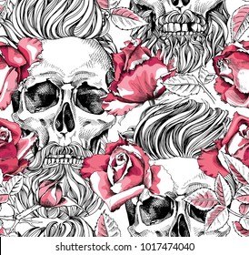 Seamless pattern with image of a pink Rose flowers and skull with a hipster hair and beard on a white background. Vector illustration.