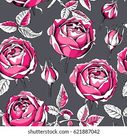 Seamless pattern with image of a pink Rose flowers, leaves and bud on a dark gray background. Vector illustration.