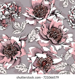 Seamless pattern with image of a pink "Salmon Dream" Peony, Hydrangea flowers and leaves on a light gray background. Vector illustration.