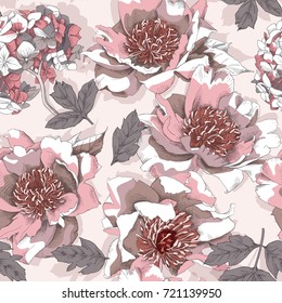 Seamless pattern with image of a pink "Salmon Dream" Peony, Hydrangea flowers and leaves on a light beige background. Vector illustration.