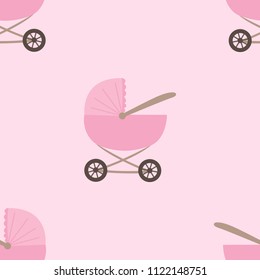 Seamless pattern of the image of a pink stroller on a pink background. Illustration for a girl at a baby shower party. Background for greeting or invitation cards.