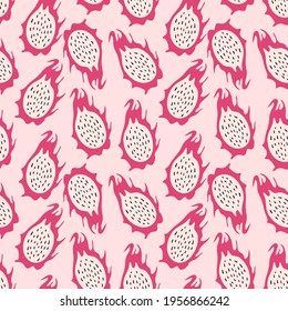 Seamless pattern with the image of pitahaya on a pink background. Design for paper, textile and decor. Vector illustration.