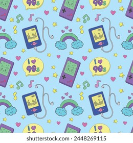 Seamless pattern with the image of a player, game console, hearts, rainbows and other objects in the colorful style of the 80s and 90s, Vector illustration for advertising.