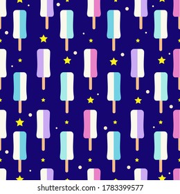 Seamless pattern with the image of popsicles on a stick and little stars. Cute ornament. Bright, refreshing colors. Beautiful background for textile, wrapping paper. Vector graphics. Flat.