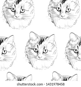 Seamless pattern with image portraits of cats. Vector black and white illustration.