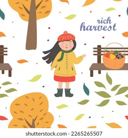 Patrón sin foco con la imagen de una linda muchacha en el bosque de otoño con una canasta de fruta. Estilo de caricatura.