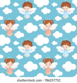 Seamless pattern with the image of a pretty little angel. Vector background