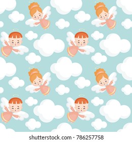 Seamless pattern with the image of a pretty little angel. Vector background