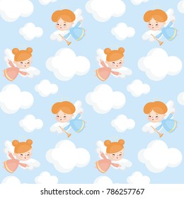 Seamless pattern with the image of a pretty little angel. Vector background