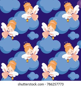 Seamless pattern with the image of a pretty little angel. Vector background