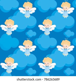 Seamless pattern with the image of a pretty little angel. Vector background.