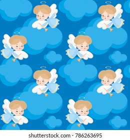 Seamless pattern with the image of a pretty little angel. Vector background.