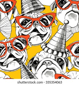 Seamless pattern with image of a pug in glasses and party hat on yellow background. Vector illustration.