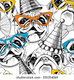 Seamless pattern with image of a pug in glasses and party hat. Vector illustration.