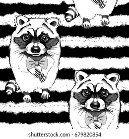 Modelo inconsútil con la Imagen de un mapache en un fondo rayado. Vector ilustración en blanco y negro.