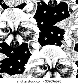 Seamless pattern with the image raccoon portrait with birds. Vector illustration.