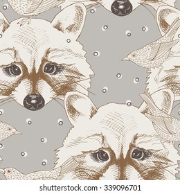Seamless pattern with the image raccoon portrait with birds. Vector illustration.
