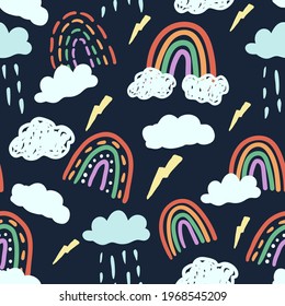 Seamless pattern with the image of rainbow, clouds, lightning. Design for paper, textile and decor.