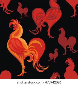 Seamless pattern with the image of a red cock. Fiery Rooster - a symbol of new 2017 on the Chinese horoscope