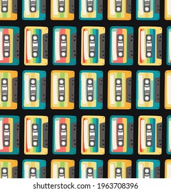 Seamless pattern with the image of retro cassettes. Design for paper, textile and decor.