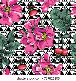 Seamless pattern with image of a Rosa Canina Flowers, berry and leaves on a triangle geometric background. Vector illustration.