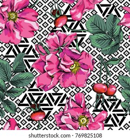 Seamless pattern with image of a Rosa Canina Flowers, berry and leaves. Vector illustration.