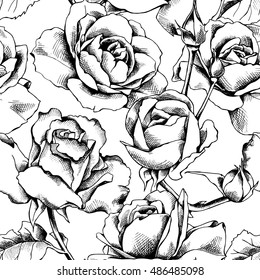 Seamless pattern with image of a Rose flowers on a white background. Vector illustration.