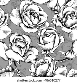Seamless pattern with image of a Rose flowers on a gray background. Vector illustration.