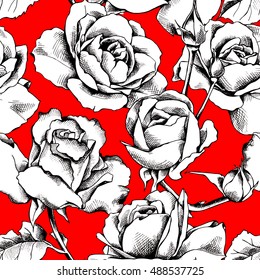 Seamless pattern with image of a Rose flowers on a red background. Vector illustration.