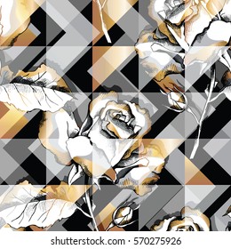 Seamless pattern with image of a rose flowers on a gray and gold geometric background. Vector illustration.