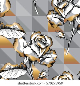 Seamless pattern with image of a rose flowers on a gray and gold geometric background. Vector illustration.