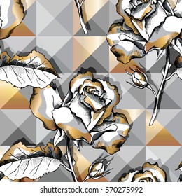 Seamless pattern with image of a rose flowers on a gray and gold geometric background. Vector illustration.