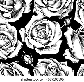 Seamless pattern with image Rose flowers on a black background. Vector illustration.