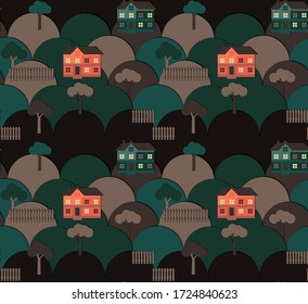 Patrón sin foco con la imagen de las casas rurales o de un huerto. Papel de papel pintado para niños, cortinas, papel de envoltura, ropa de cama o postal. Ornamento minimalista. EPS 10
