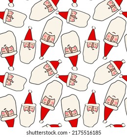 Seamless pattern with the image of Santa, houses, forest elements and hand-drawn figures. Baby texture. Great for vector illustration of fabric, textiles