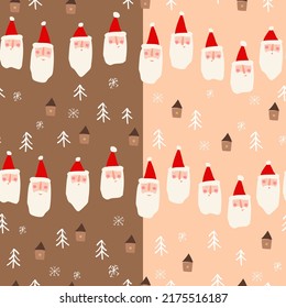 Seamless pattern with the image of Santa, houses, forest elements and hand-drawn figures. Baby texture. Great for vector illustration of fabric, textiles