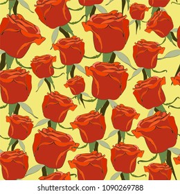 seamless pattern with the image of a scarlet rose bud on a yellow background, for use as a background, textiles and wallpaper design and other design