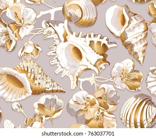 Seamless pattern with image of a sea shell and cherry flowers. Vector illustration.