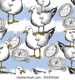 Seamless pattern with image of seagulls one on the other, compass, a blue striped background. Vector illustration.