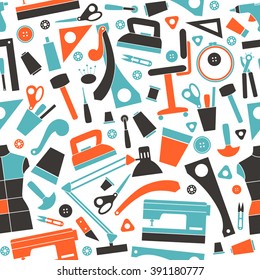 Seamless pattern with image sewing and hobby tools in flat style. Color print on white background