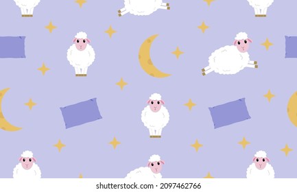 Seamless pattern with the image of sheep, pillows, stars and the moon.