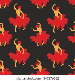 Seamless pattern with the image of the silhouette of a beautiful woman dancing flamenco.