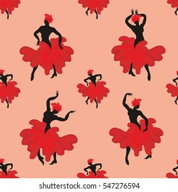 Seamless pattern with the image of the silhouette of a beautiful woman dancing flamenco.