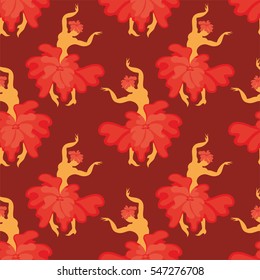 Seamless pattern with the image of the silhouette of a beautiful woman dancing flamenco.